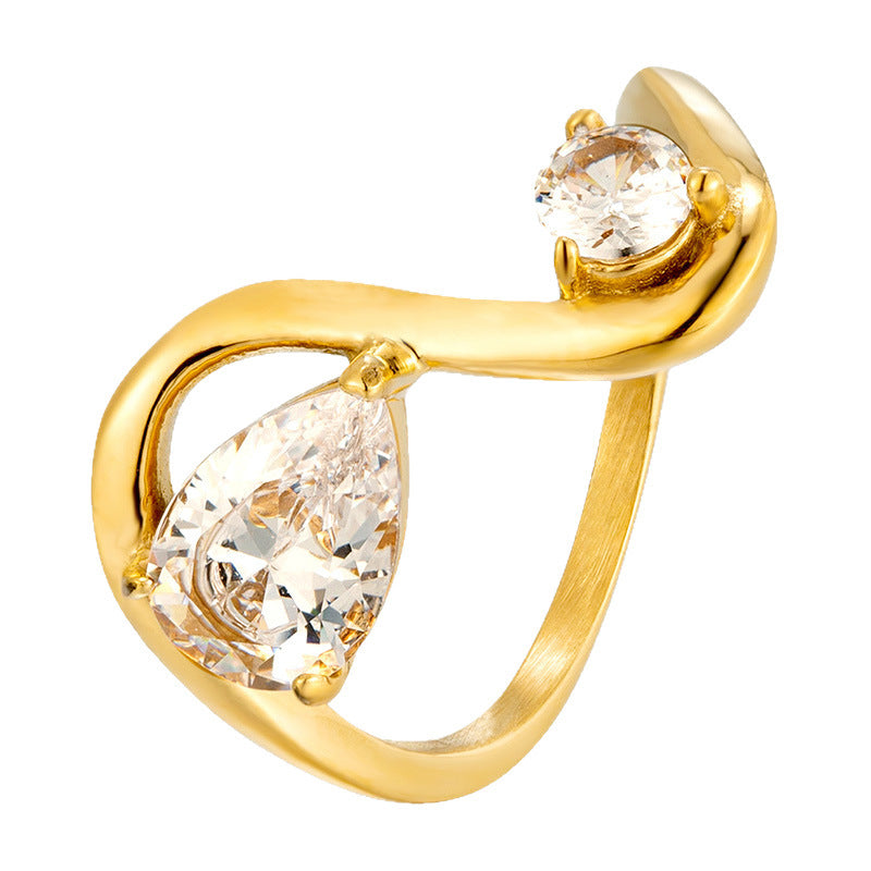 Female Curved Geometric Line Stainless Steel Dropper Zircon Ring