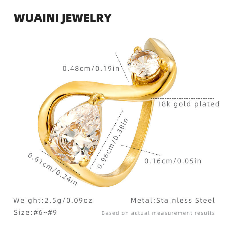 Female Curved Geometric Line Stainless Steel Dropper Zircon Ring