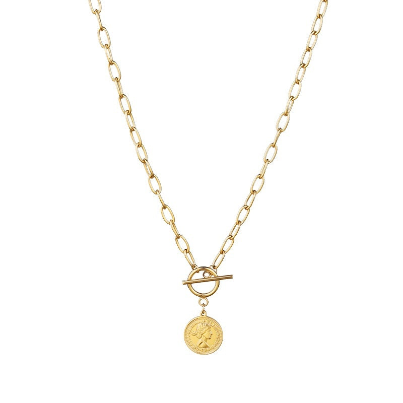 Coin Necklace Women's Round Brand Beauty Head Pendant OT Buckle Clavicle Chain