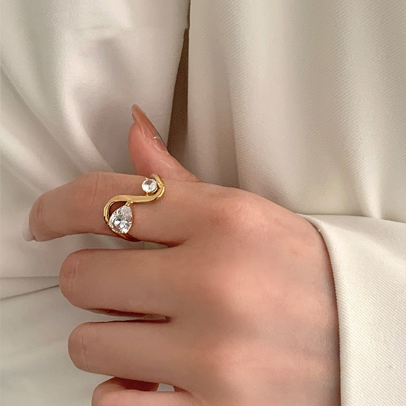 Female Curved Geometric Line Stainless Steel Dropper Zircon Ring