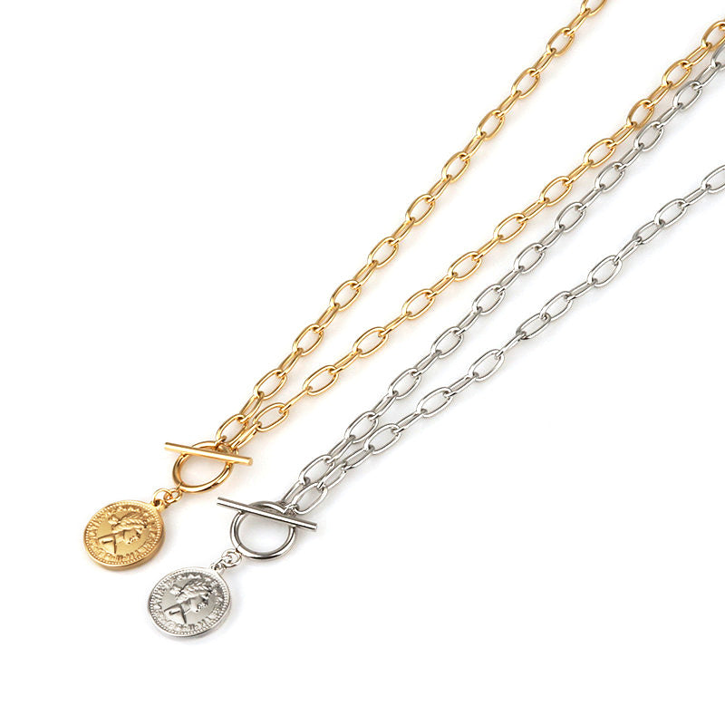 Coin Necklace Women's Round Brand Beauty Head Pendant OT Buckle Clavicle Chain