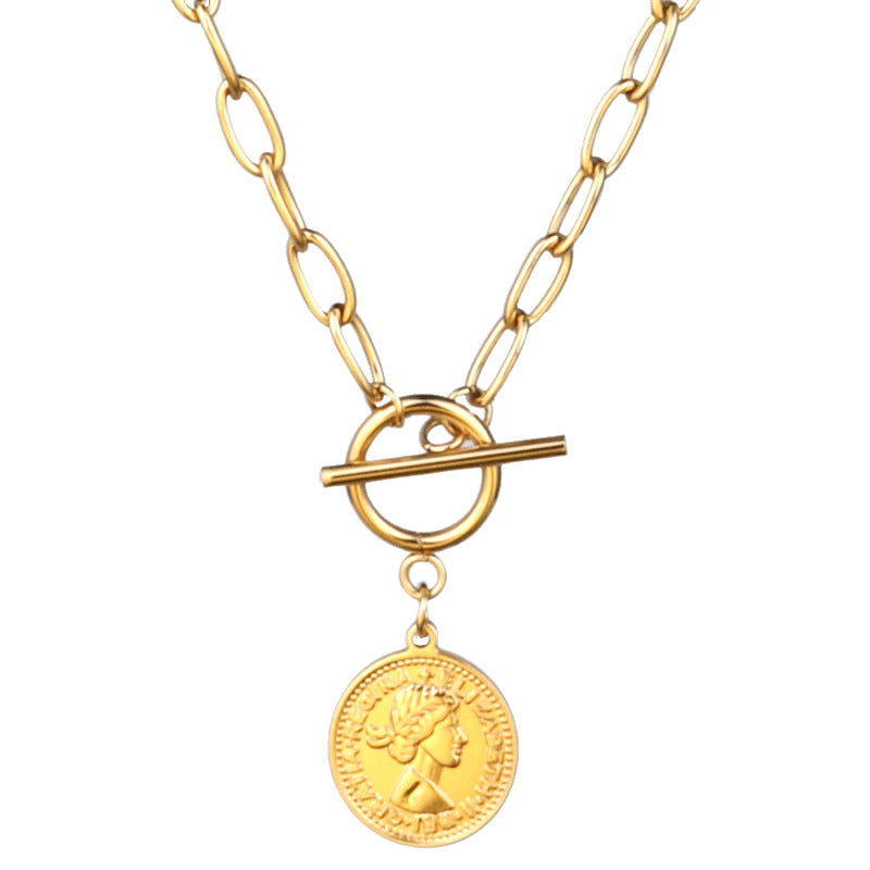 Coin Necklace Women's Round Brand Beauty Head Pendant OT Buckle Clavicle Chain