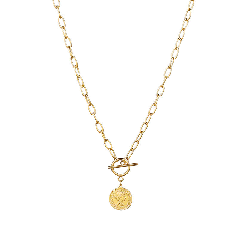 Coin Necklace Women's Round Brand Beauty Head Pendant OT Buckle Clavicle Chain