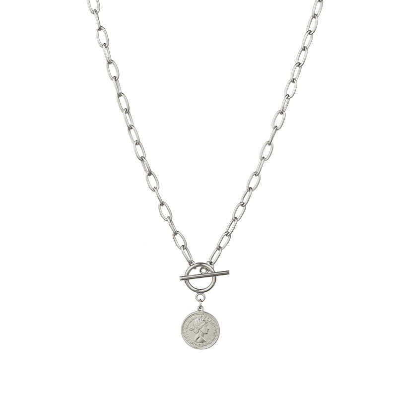 Coin Necklace Women's Round Brand Beauty Head Pendant OT Buckle Clavicle Chain