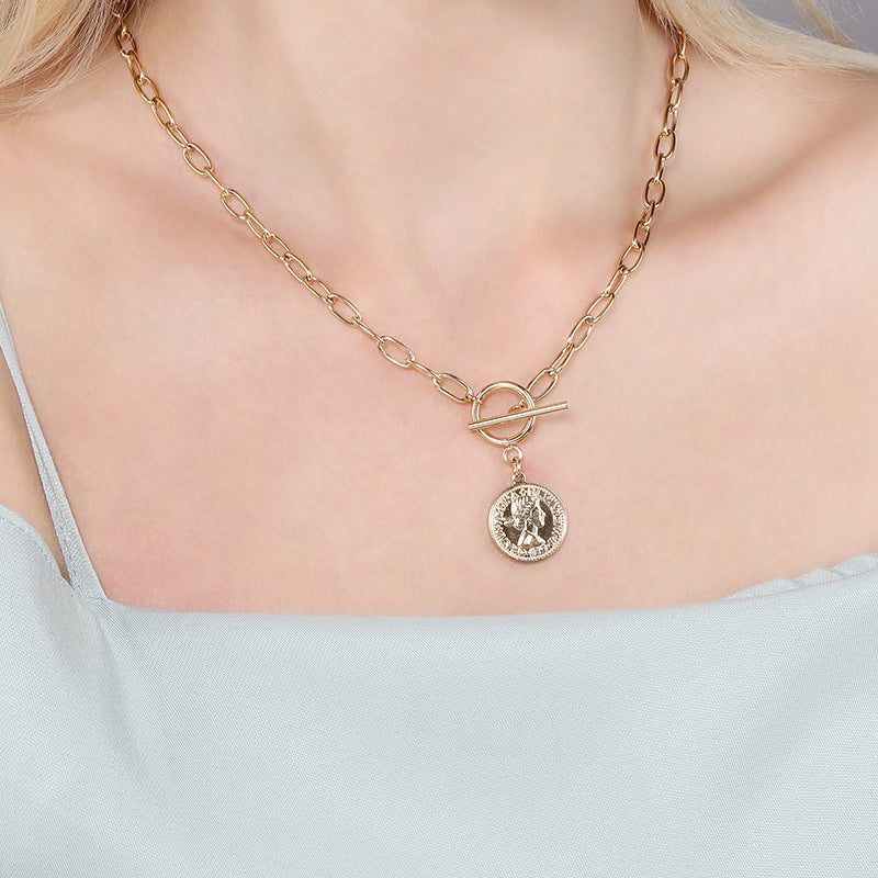 Coin Necklace Women's Round Brand Beauty Head Pendant OT Buckle Clavicle Chain