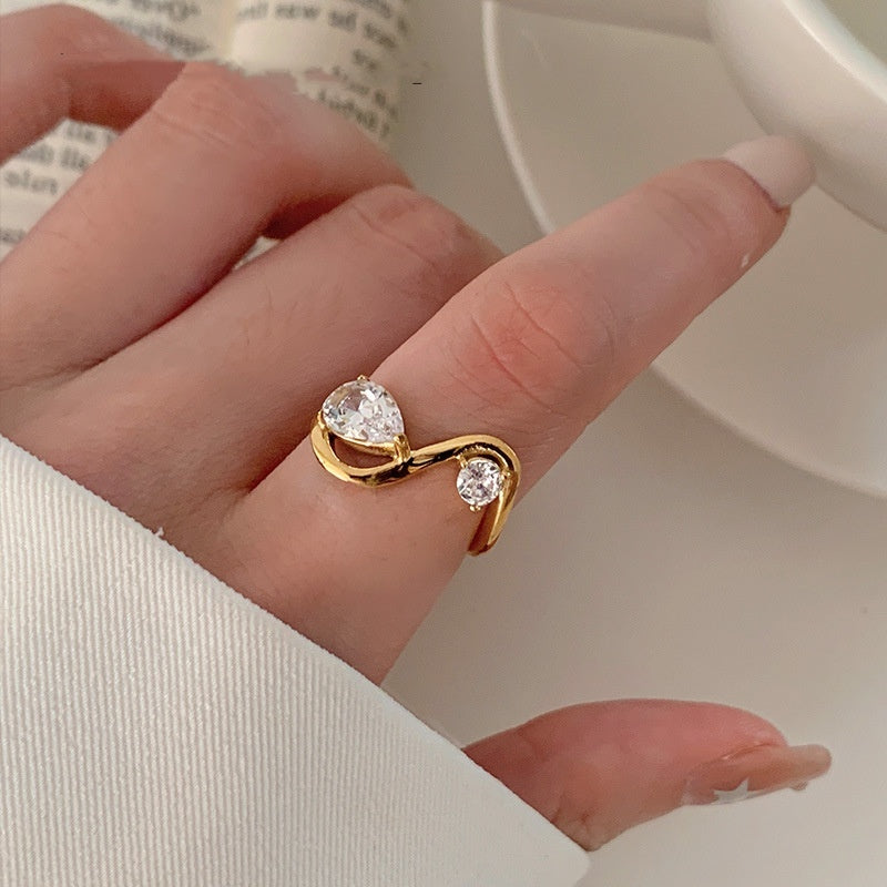 Female Curved Geometric Line Stainless Steel Dropper Zircon Ring