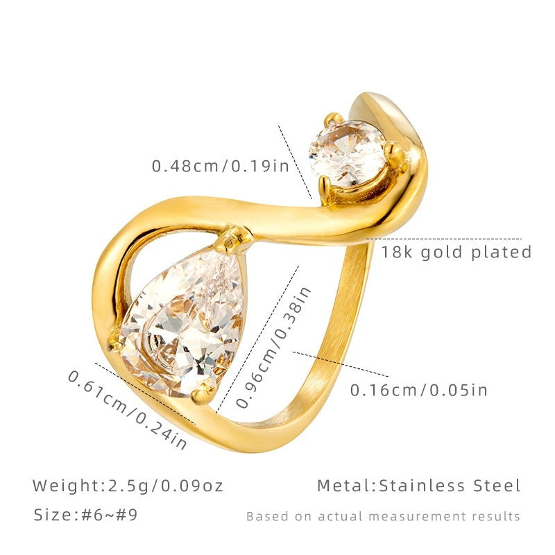 Female Curved Geometric Line Stainless Steel Dropper Zircon Ring
