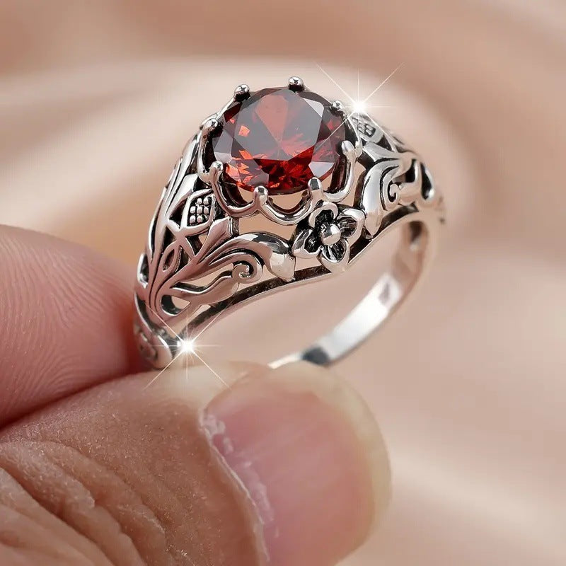 Distressed Antique Silver Round Edge Carved Pattern Ring Vintage Ring