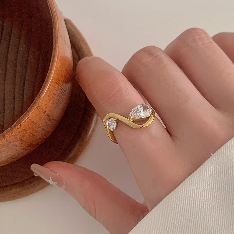 Female Curved Geometric Line Stainless Steel Dropper Zircon Ring