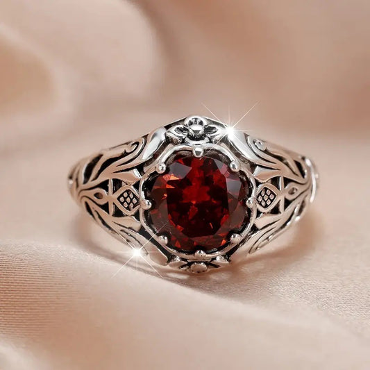 Distressed Antique Silver Round Edge Carved Pattern Ring Vintage Ring