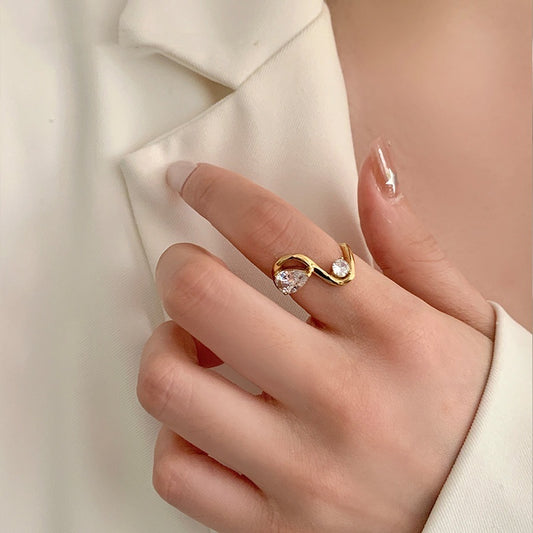 Female Curved Geometric Line Stainless Steel Dropper Zircon Ring