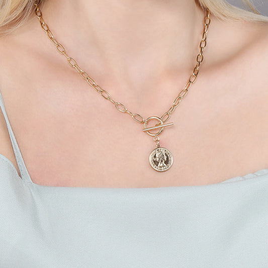 Coin Necklace Women's Round Brand Beauty Head Pendant OT Buckle Clavicle Chain